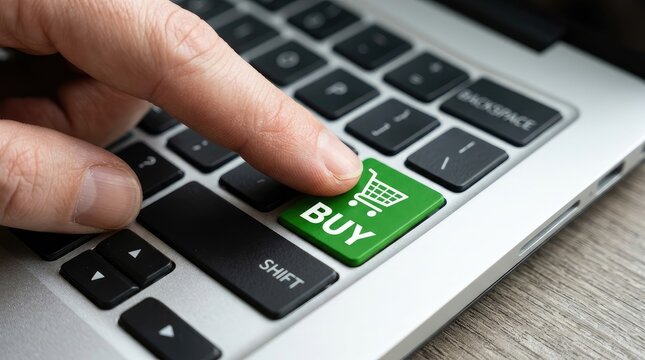 Finger pressing green buy button on laptop keyboard for online shopping