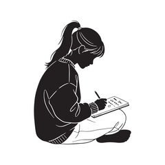 Silhouette of a young little girl sitting on the floor and writing in a notebook vector illustration
