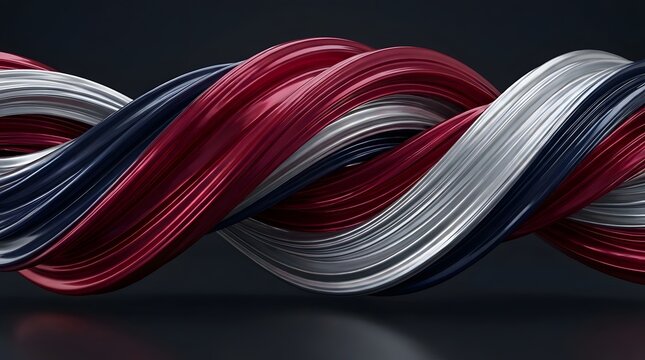 Vibrant intertwined patriotic ribbons in a dynamic 3D abstract design, celebrating freedom and the spirit of 4th july festivities with bold red, white, and blue hues