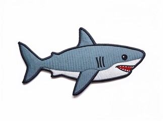 Obraz premium A hyperrealistic sharp focus macro photograph of an embroidered blue shark patch. Detailed textile needlework isolated on a crisp white background.
