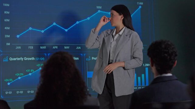 Professional business presentation on financial growth with charts and graphs in a modern conference room