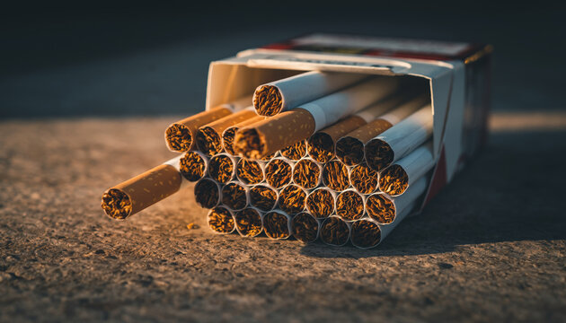 A box of cigarette packs with some cigarettes outside.