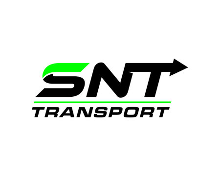 A modern and dynamic logo for SNT TRANSPORT, featuring stylized black and green lettering with an arrow pointing right, set against a clean white background.