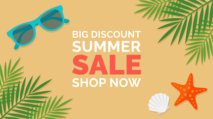 Summer sale advertisement with sunglasses and starfish on a beach background © Fendi