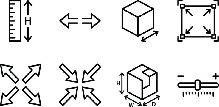 Object Dimension Measurement and 3D Scale Icon Set for Architecture Blueprint Layouts, Editing Software, and Engineering Apps