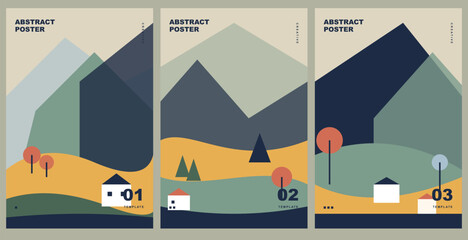 Set of three abstract landscape posters with mountains, houses, and trees in a minimalist geometric style © Shafiul Muttaqin 