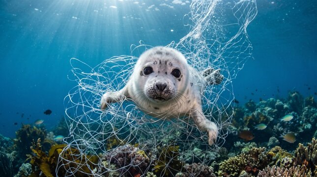 Seal entangled in ocean net above vibrant coral reef