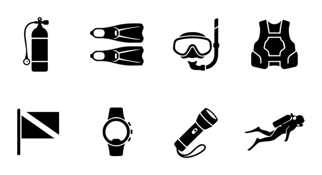Scuba Diving Icons Set, Underwater Exploration Equipment, Snorkeling Gear, Dive Symbols, Vector Graphics