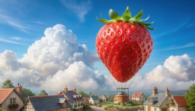 A fotorealistic giant ripe strawberry acting as a hot air balloon floating above a miniature cozy village, puffy white clouds, bright sunny day, whimsical fantasy art, sharp editorial quality