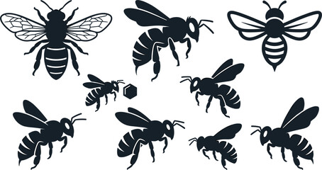 Fototapeta premium Honey Bee Silhouette Icon Set with Flying Bumblebee and Honeycomb Elements for Organic Honey Branding and Logo Designs