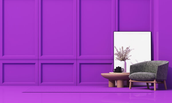 Luxury purple living room with paneled wall, gray velvet armchair, wooden coffee table, blank frame and stylish decor. 3d rendering.