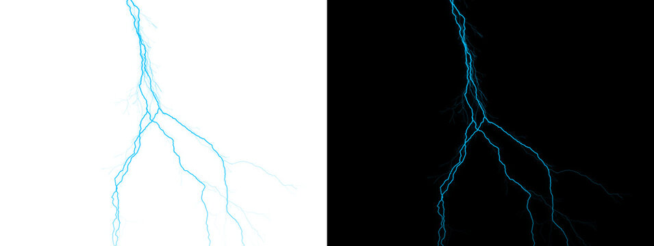 Light Cyan Glowing Forked Lightning Bolt with Multiple Branches on White and Black Background