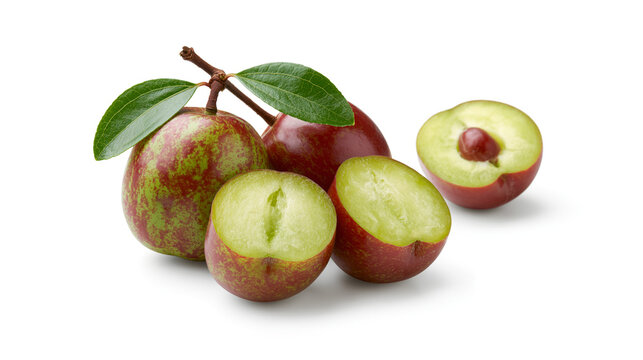 High-resolution macro studio shot of fresh jujubes featuring whole fruits with green leaves, a halved piece, and an exposed pit isolated on a clean white background