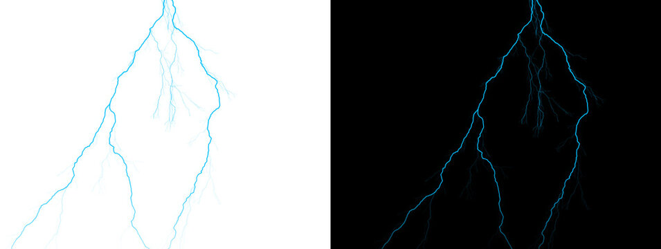 Dramatic Light Cyan Glowing Lightning Bolt with Bold Branches on White and Black Background