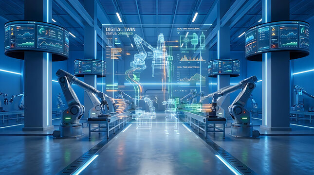 Advanced digital twin factory representing smart manufacturing and AI-driven industrial monitoring.