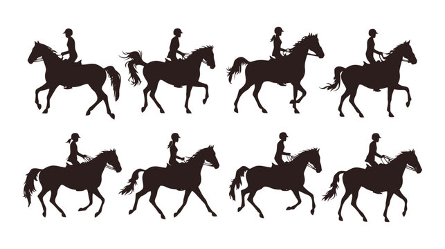Equestrian horse rider silhouettes set, black dressage horse and jockey vector icons, 8 equestrian sport elements for racing and polo club logos