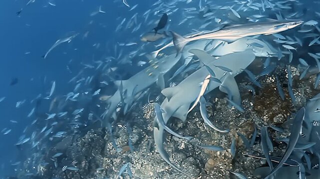 Dive into Fiji's stunning marine world. Gentle nurse sharks with their remora friends swim amidst a breathtaking swirl of small fish. A harmonious dance of ocean creatures during daytime.