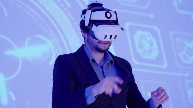 Man engaged in virtual reality experience with headset and interactive gestures in modern technology setting