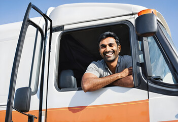 Naklejka premium Smiling man leaning out of truck window