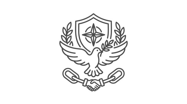 Peace dove over shield with broken chains and handshake.