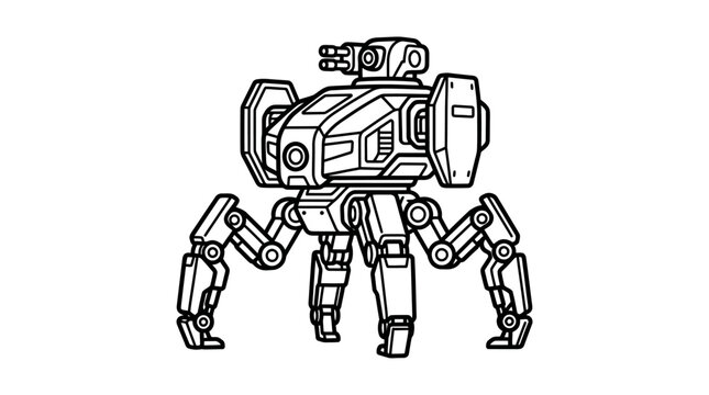 Quadrupedal tactical combat robot with heavy turret line art.