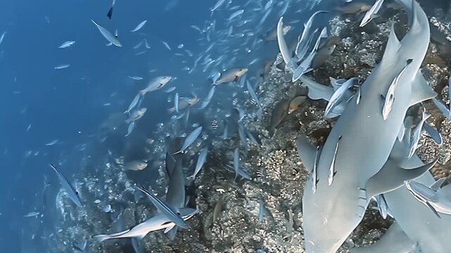 Majestic nurse sharks glide through vibrant Fiji waters. Remora fish cling to their bodies as a vast school of smaller fish dances around them, creating a dynamic aquatic spectacle.