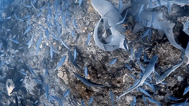 Witness mesmerizing underwater spectacle in Fiji. Graceful nurse sharks glide alongside their remora companions, surrounded by vibrant, swirling school of smaller fish. Breathtaking marine encounter.