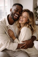 Fototapeta premium Joyful couple embracing indoors.