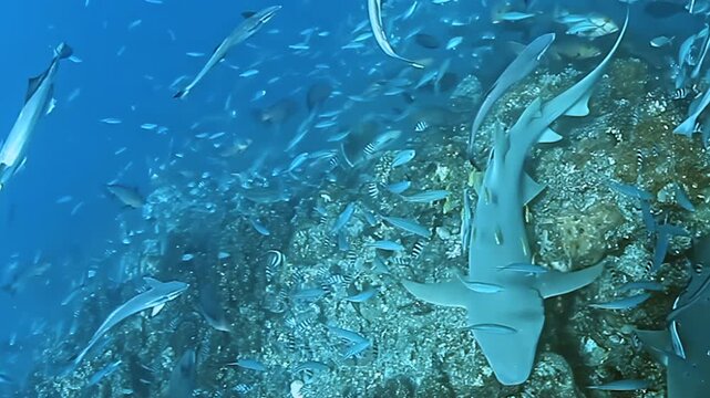 Witness nurse sharks gliding through a massive school of fish in Fiji's pristine ocean. Remora fish cling close to their hosts in this vibrant underwater world during daylight hours.