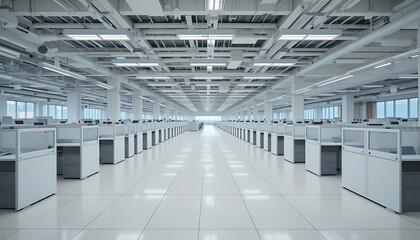 Obraz premium A large empty office space with rows of cubicles and white tiled flooring and ceiling with fluorescent lights