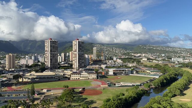 Time Lapse of City of Honolulu, Oahu, Hawaii. In the distance is the Koʻolau Range. Cumulus clouds with Trade Wind.