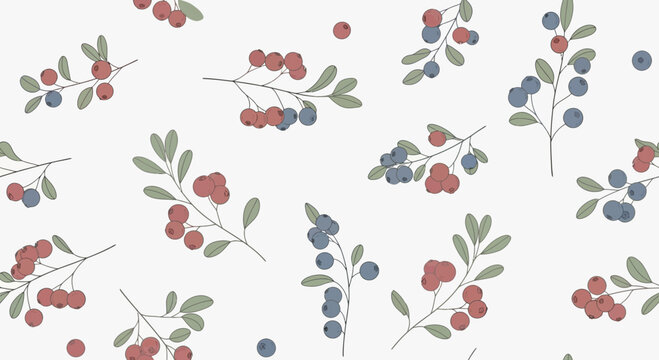 Seamless pattern with hand drawn forest berries and green leaves on white background