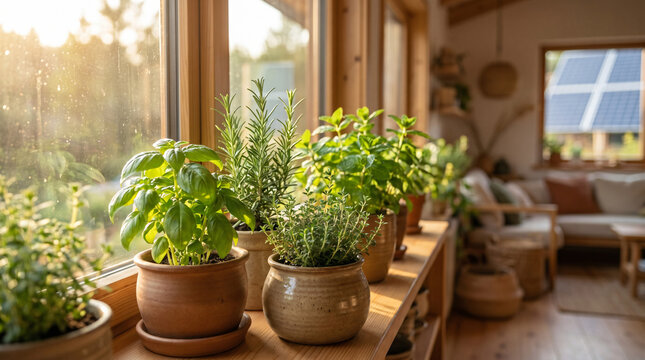 Indoor herb garden with potted plants on wooden windowsill in cozy sunlit living space
