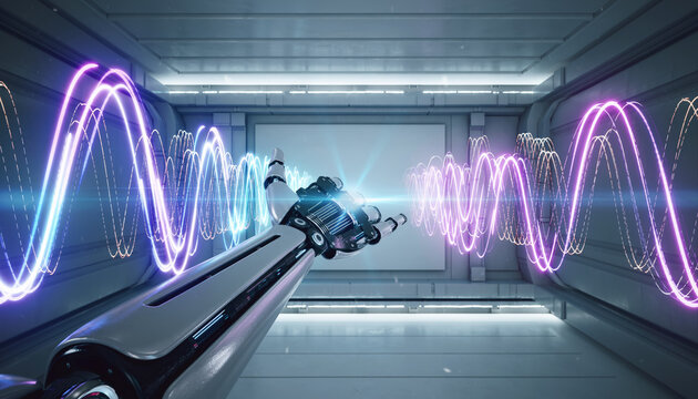A robotic arm manipulating glowing neon waveforms in a high-tech laboratory.