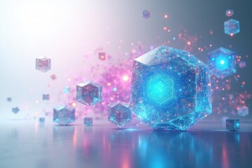 Obraz premium Glowing futuristic blue crystal cubes floating on a reflective surface