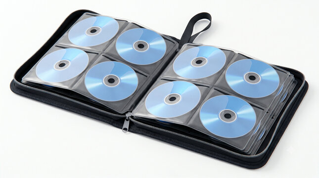 Open Black Zippered CD Storage Wallet Filled with Blue Compact Discs