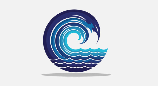 Stylized circular ocean wave logo design with blue and turquoise tones.