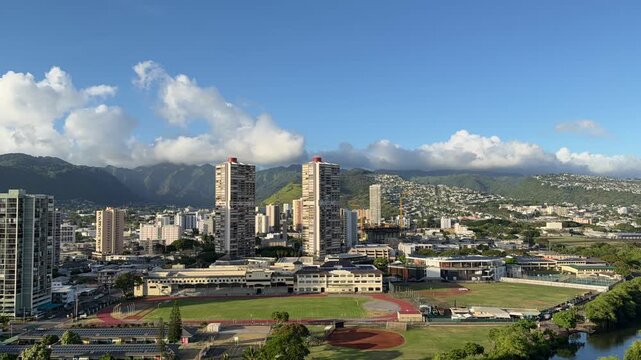 Time Lapse of City of Honolulu, Oahu, Hawaii. In the distance is the Koʻolau Range. Cumulus clouds with Trade Wind.