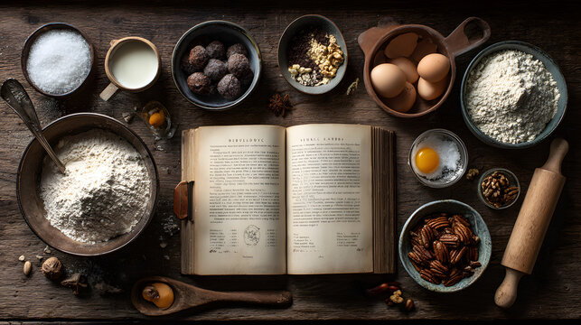 Baking ingredients arranged around a vintage recipe book isolated on transparent background