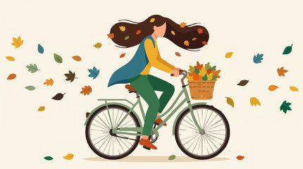 Fototapeta premium Flat illustration of woman cycling with flowing hair and autumn leaves