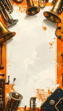 Collection of Vintage Brass Musical Instruments on Orange-Accented White Background with Decorative Splatters and Aged Texture