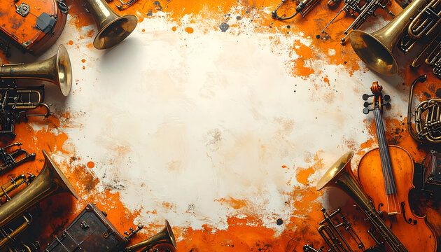 Composition of vintage brass musical instruments including trumpet violin and French horn on a grunge orange and beige backdrop