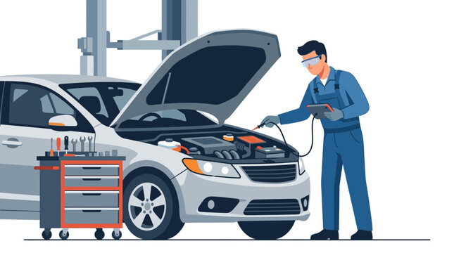 Car under repair with open hood and mobile tool chest in a garage