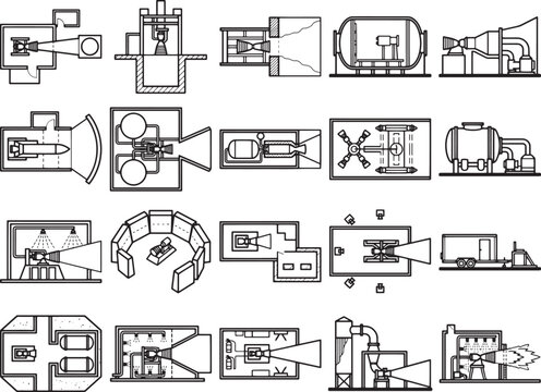 Collection of black and white technical drawings depicting various industrial machinery, complex mechanical systems, and engineering schematics, showcasing intricate designs and technical details.