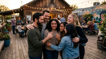 Naklejka premium Happy friends celebrating together outdoors in a rustic setting.