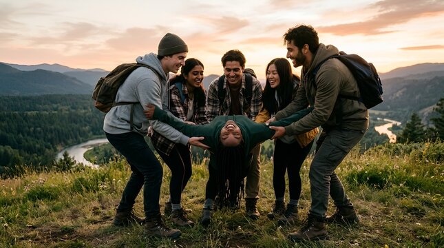 Happy young friends enjoying outdoor adventure, holding woman playfully in a circle