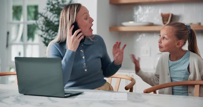 Phone call, mom and frustrated with child for remote work, behavior problem or distraction in home. Papers, girl with adhd or mother on mobile chat for freelancing, disruptive or attention at laptop