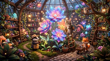 Obraz premium Enchanted Forest Greenhouse with Luminous Flora and Whimsical Creatures.