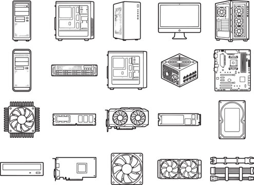 A collection of computer hardware components are displayed as clean, minimalist line drawings, showcasing a variety of parts for building a PC.
