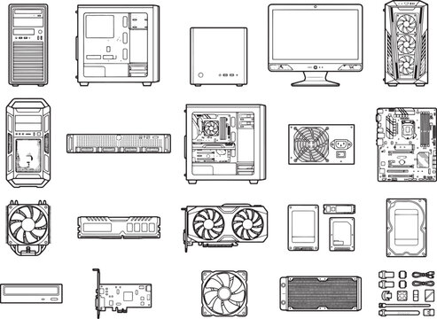 A collection of computer hardware components and peripherals, rendered in a clean, linework illustration style, showcasing the building blocks of a personal computer.